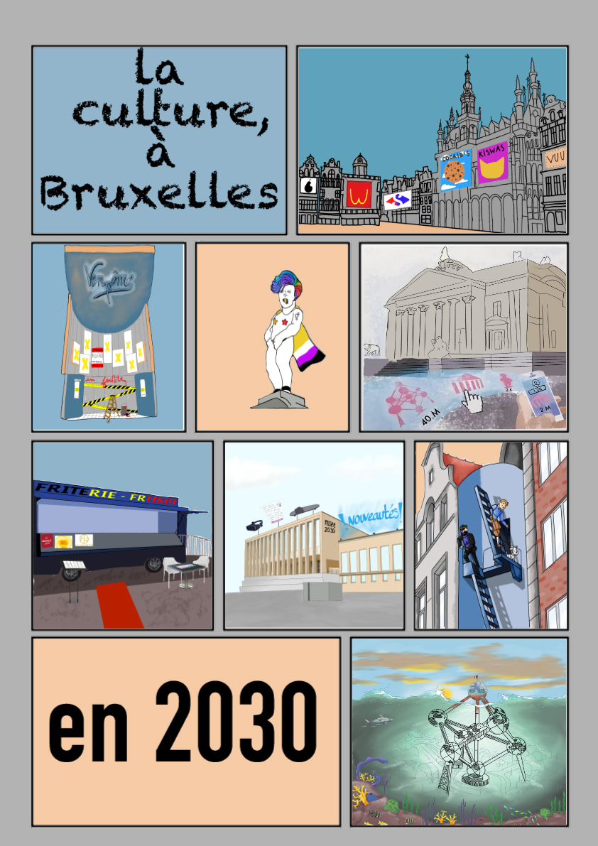 Culture Bruxelles 2030 : les possibilités - Chaque élève est parti d’une vue, d’un symbole ou d’un lieu connu symbolisant la culture à Bruxelles. Ils ont imaginé une version du futur possible.